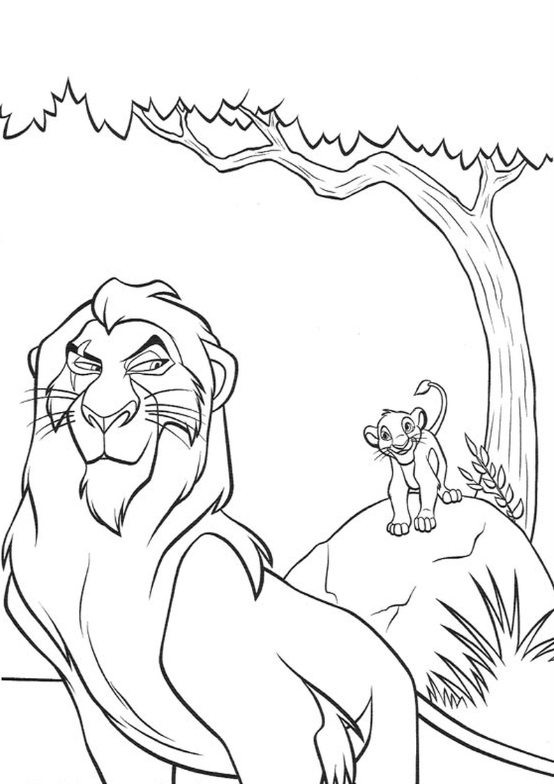 kolorowanka Król Lew Disney - podły lew Skaza i mały Simba, dla dzieci malowanka do wydruku numer 22